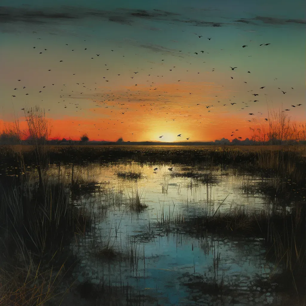 Peaceful sunset over marshland with reflective water - Image 1