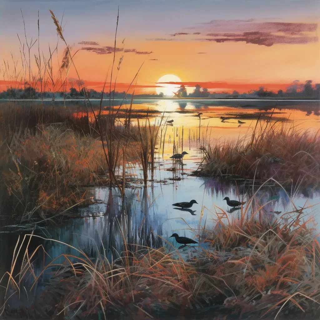 Peaceful sunset over marshland with reflective water - Image 2