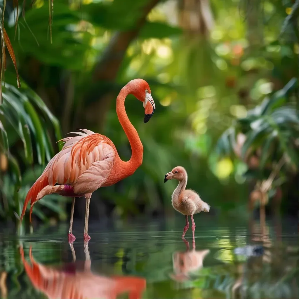 Flamingo chick learning to stand on one leg in a shallow pink lagoon - Image 1