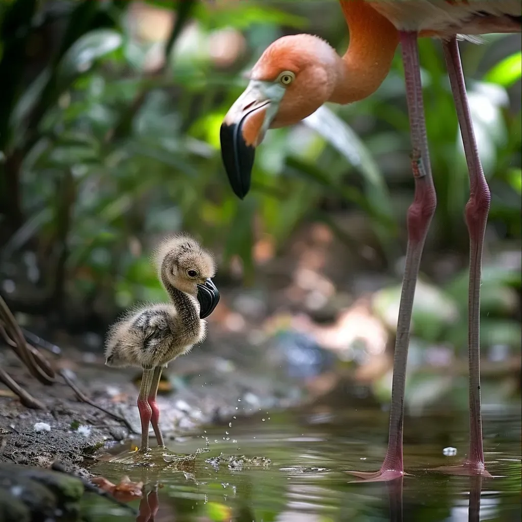 Flamingo chick learning to stand on one leg in a shallow pink lagoon - Image 3