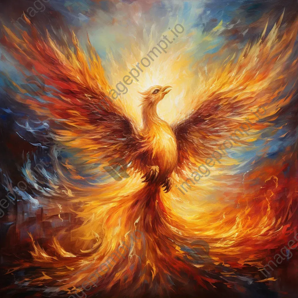 Impressionistic painting of a mystical phoenix rising from the ashes - Image 1