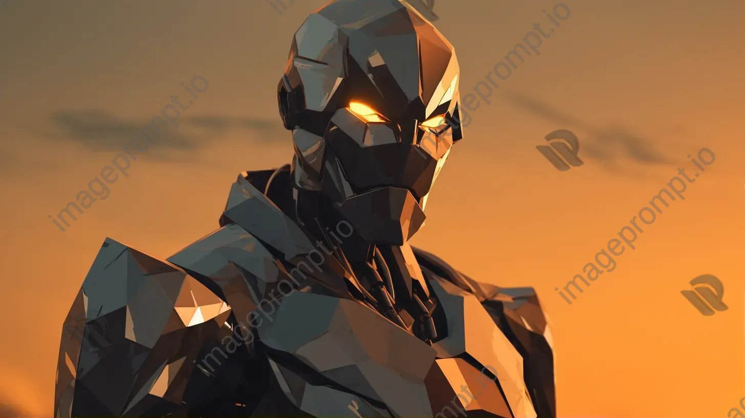 Low poly cybernetic warrior in rust and steels at dawn - Image 1