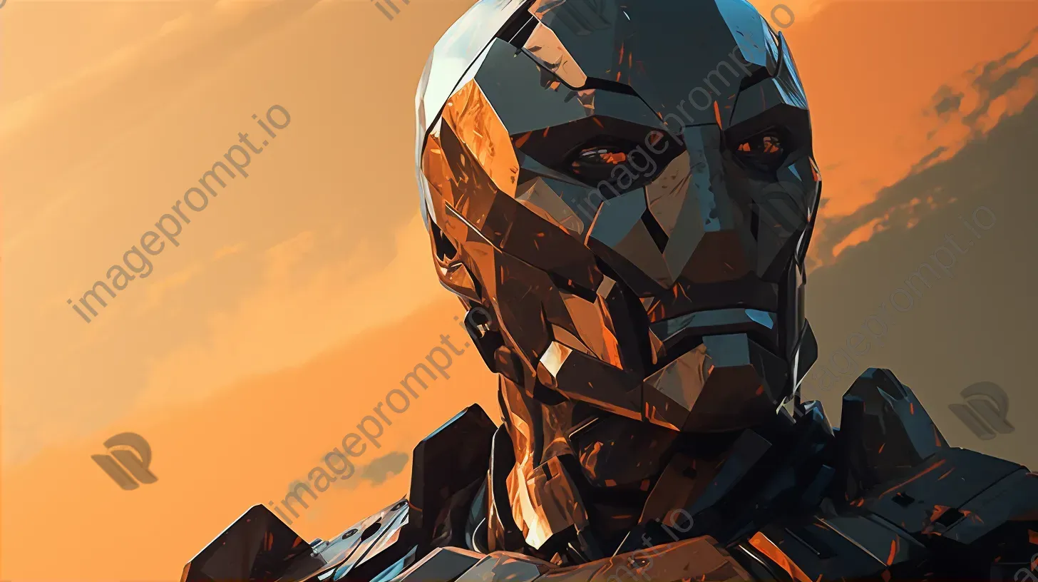 Low poly cybernetic warrior in rust and steels at dawn - Image 2