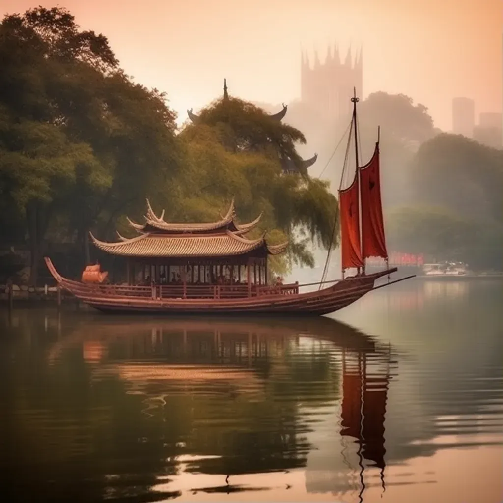 Chinese fishing junk in serene waters - Image 1