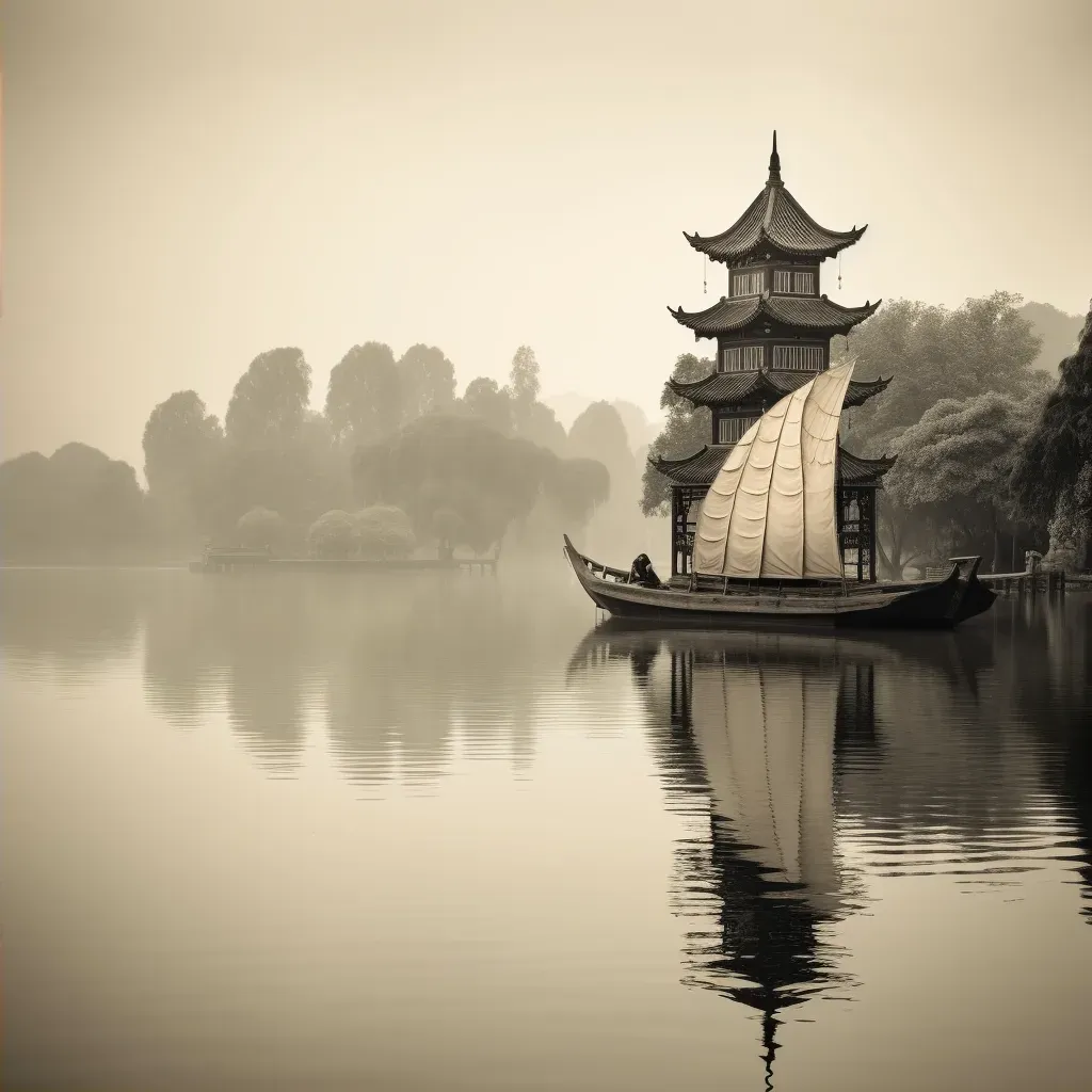 Chinese fishing junk in serene waters - Image 2