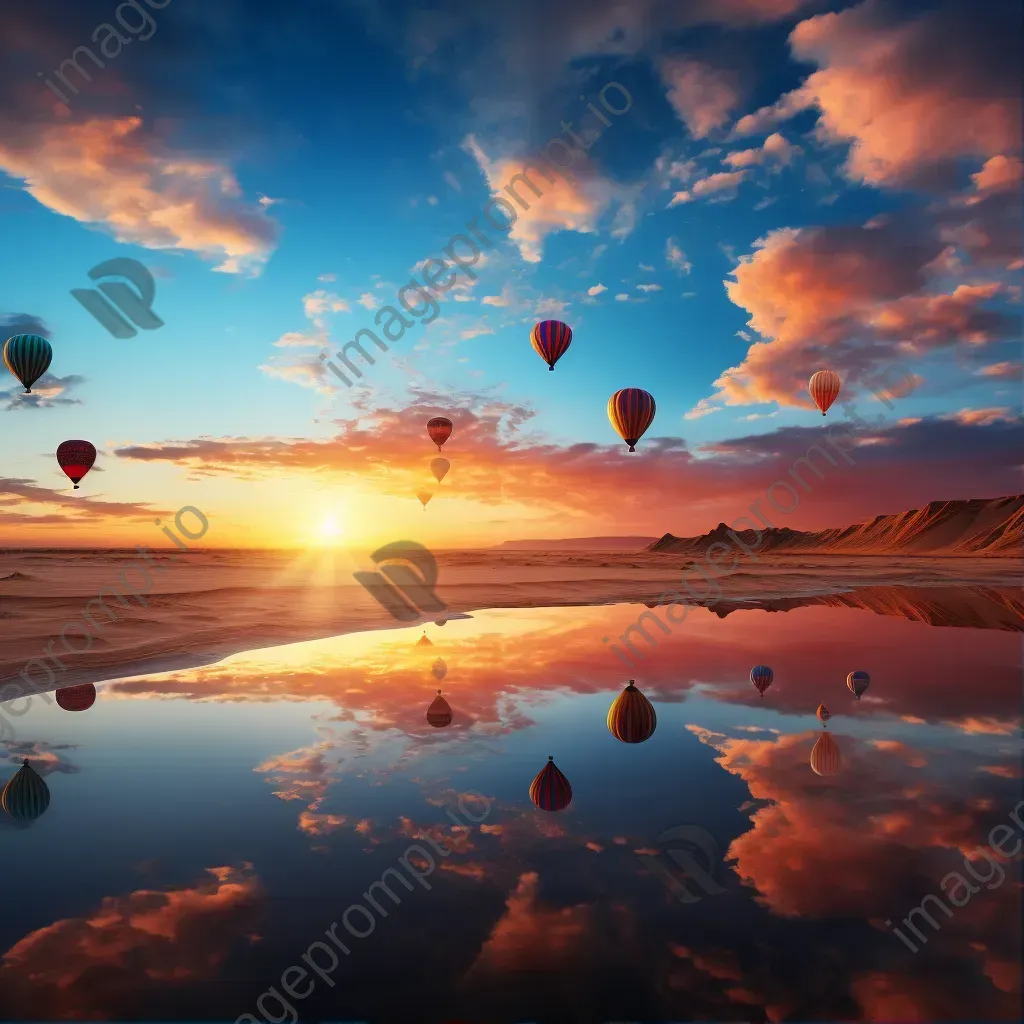 Hot air balloons floating over a desert during sunrise - Image 1