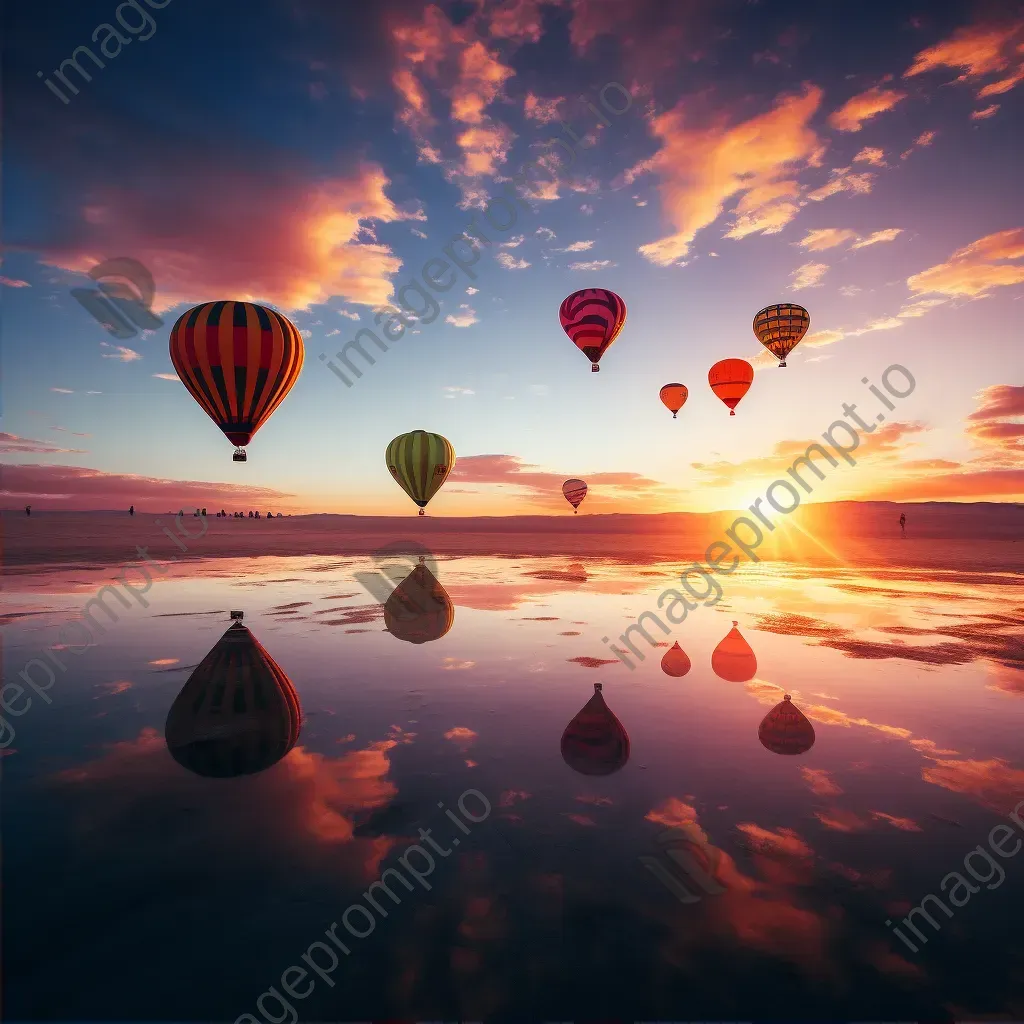 Hot air balloons floating over a desert during sunrise - Image 2