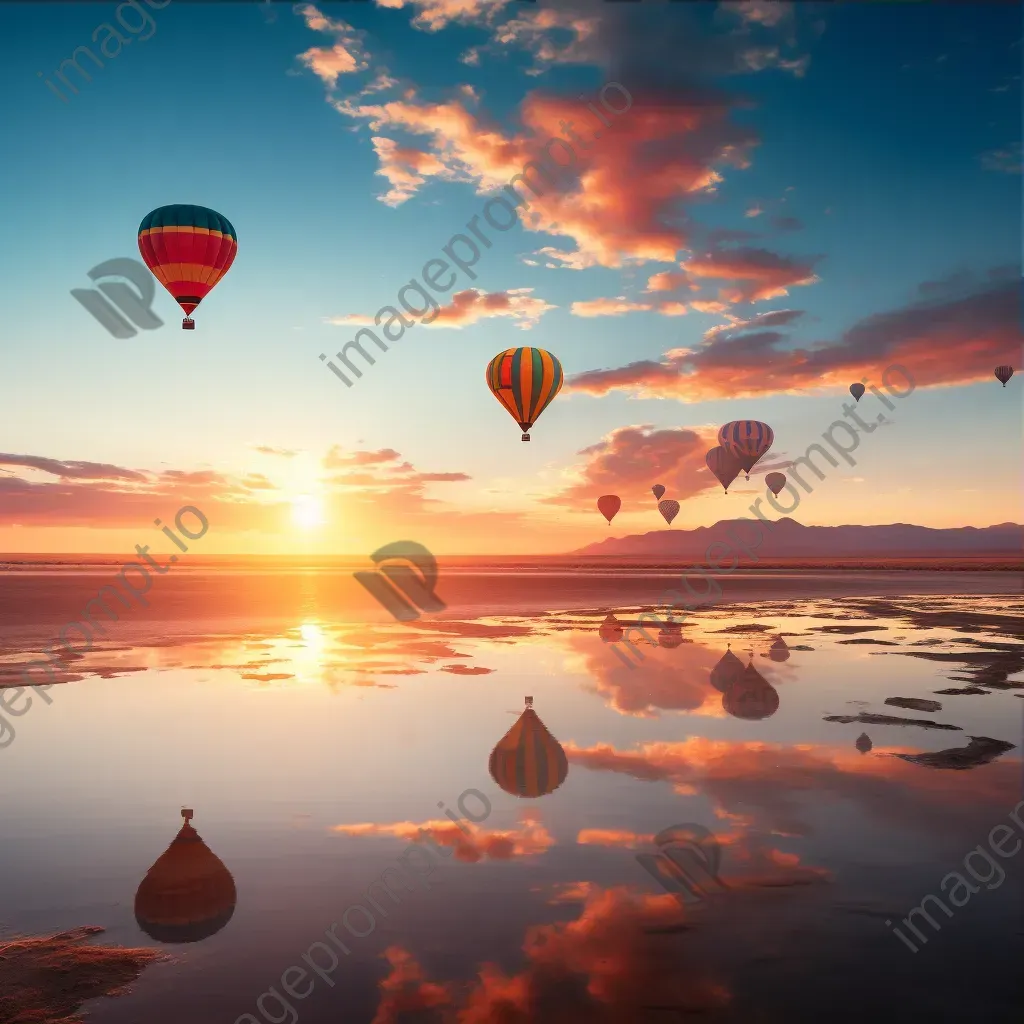 Hot air balloons floating over a desert during sunrise - Image 3