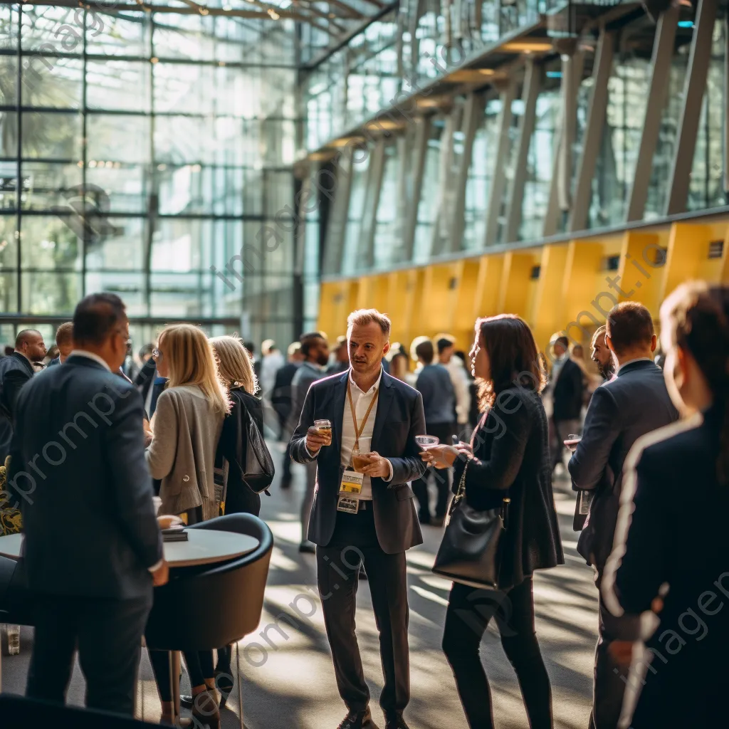 Professionals networking in a conference hall with coffee cups - Image 1