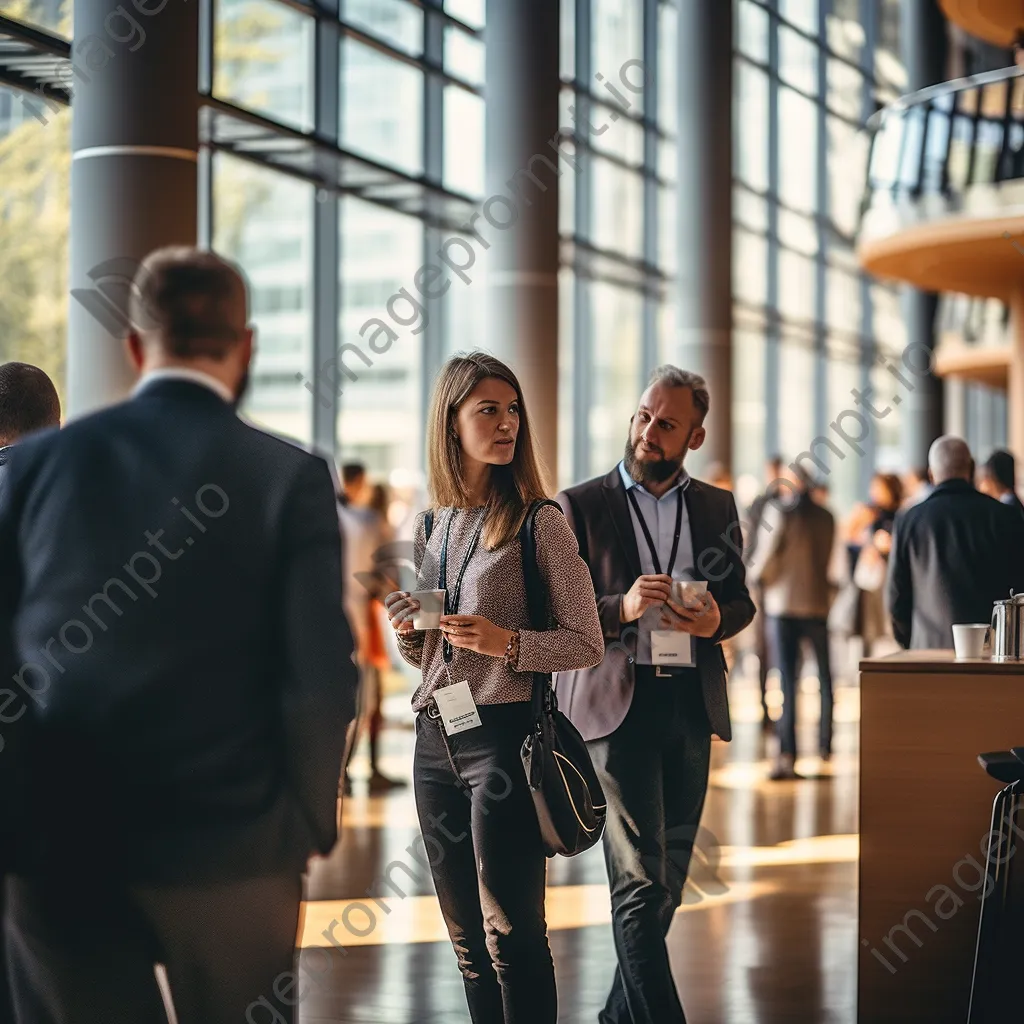 Professionals networking in a conference hall with coffee cups - Image 2