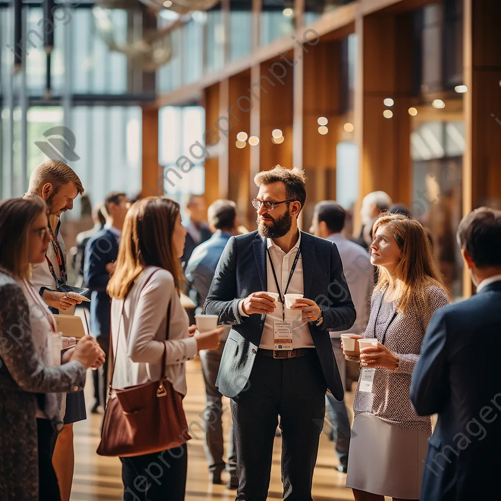 Professionals networking in a conference hall with coffee cups - Image 3