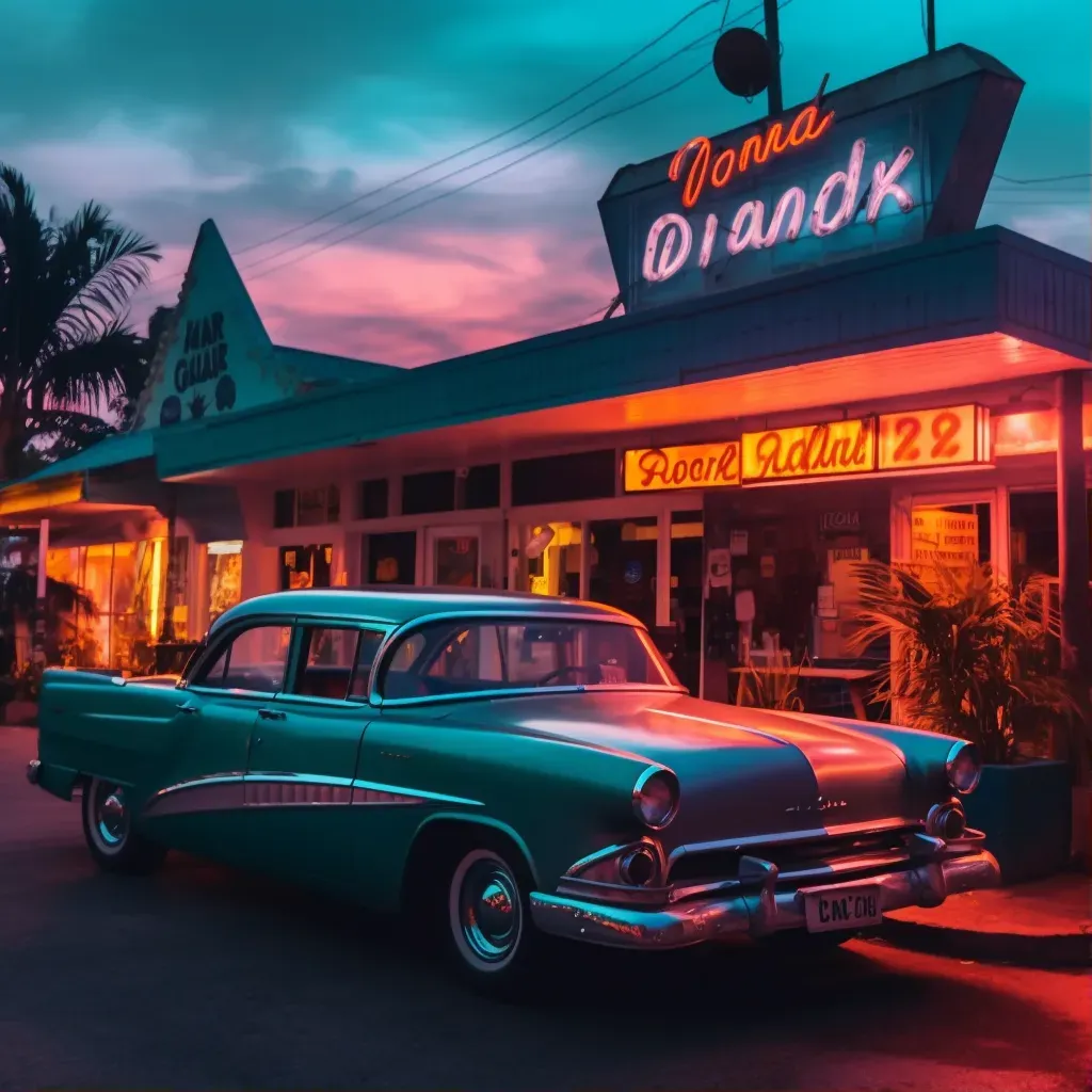 Classic car parked in front of retro diner during sunset - Image 1