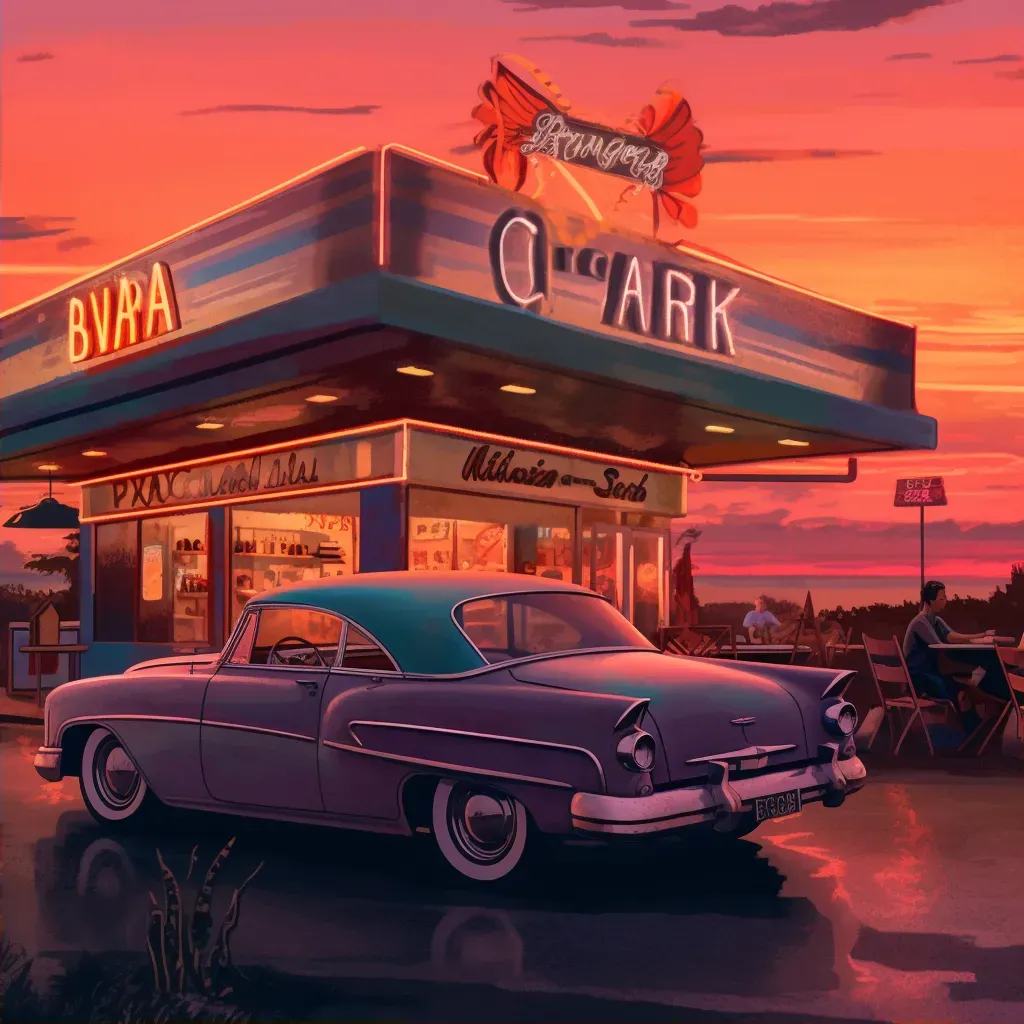 Classic car parked in front of retro diner during sunset - Image 2