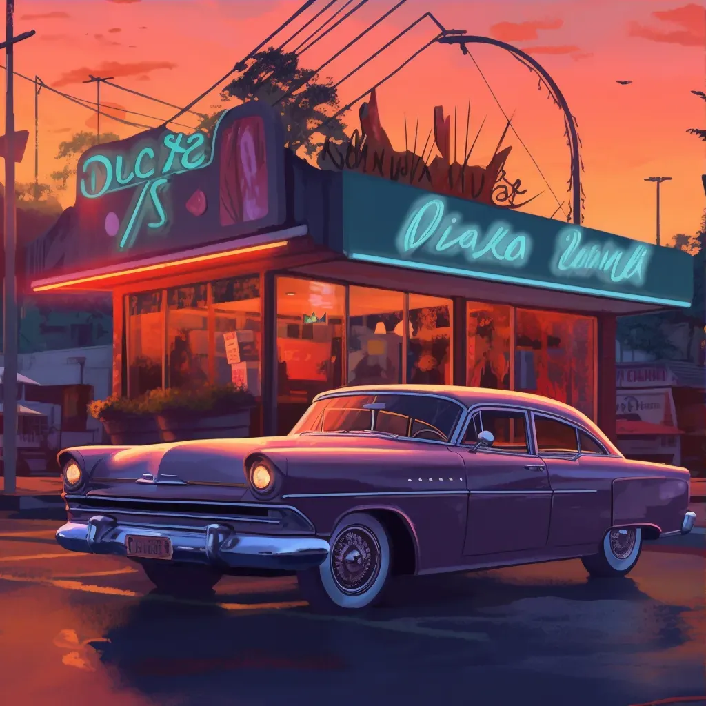 Classic car parked in front of retro diner during sunset - Image 3