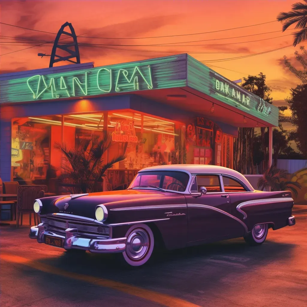 Classic car parked in front of retro diner during sunset - Image 4