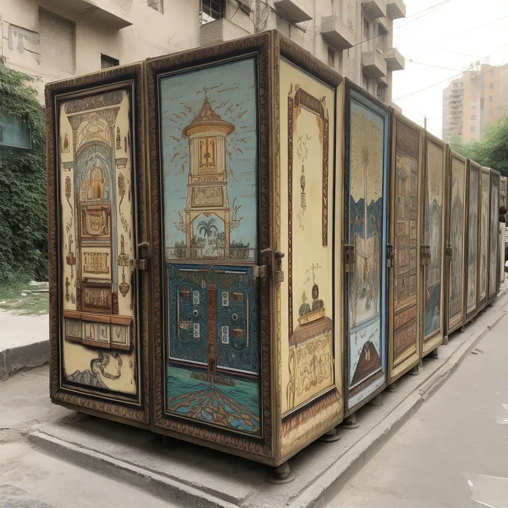 Multiple electrical boxes along a sidewalk creatively painted with different themes, turning infrastructure into art - Image 1