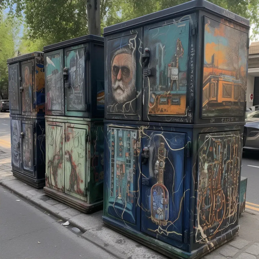 Multiple electrical boxes along a sidewalk creatively painted with different themes, turning infrastructure into art - Image 2