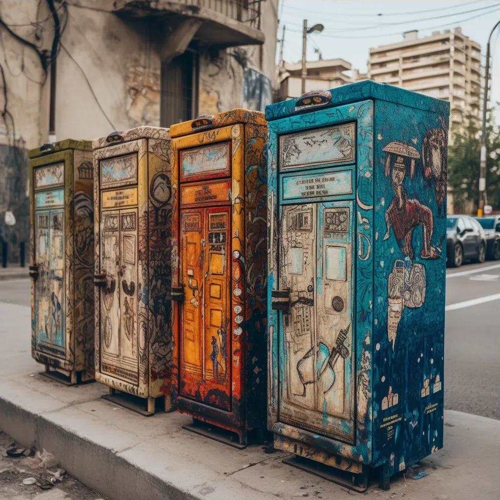 Multiple electrical boxes along a sidewalk creatively painted with different themes, turning infrastructure into art - Image 3