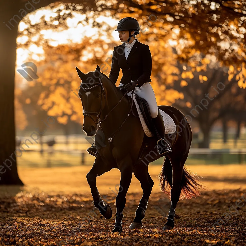 Student practicing riding techniques with coach during sunset. - Image 1