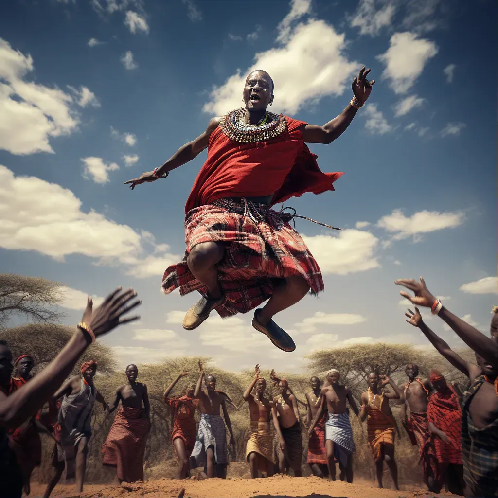 Maasai warrior jumping high during traditional dance in Kenyan plains - Image 1