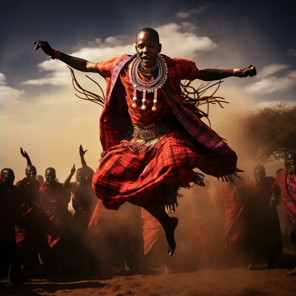 Maasai warrior jumping high during traditional dance in Kenyan plains - Image 2