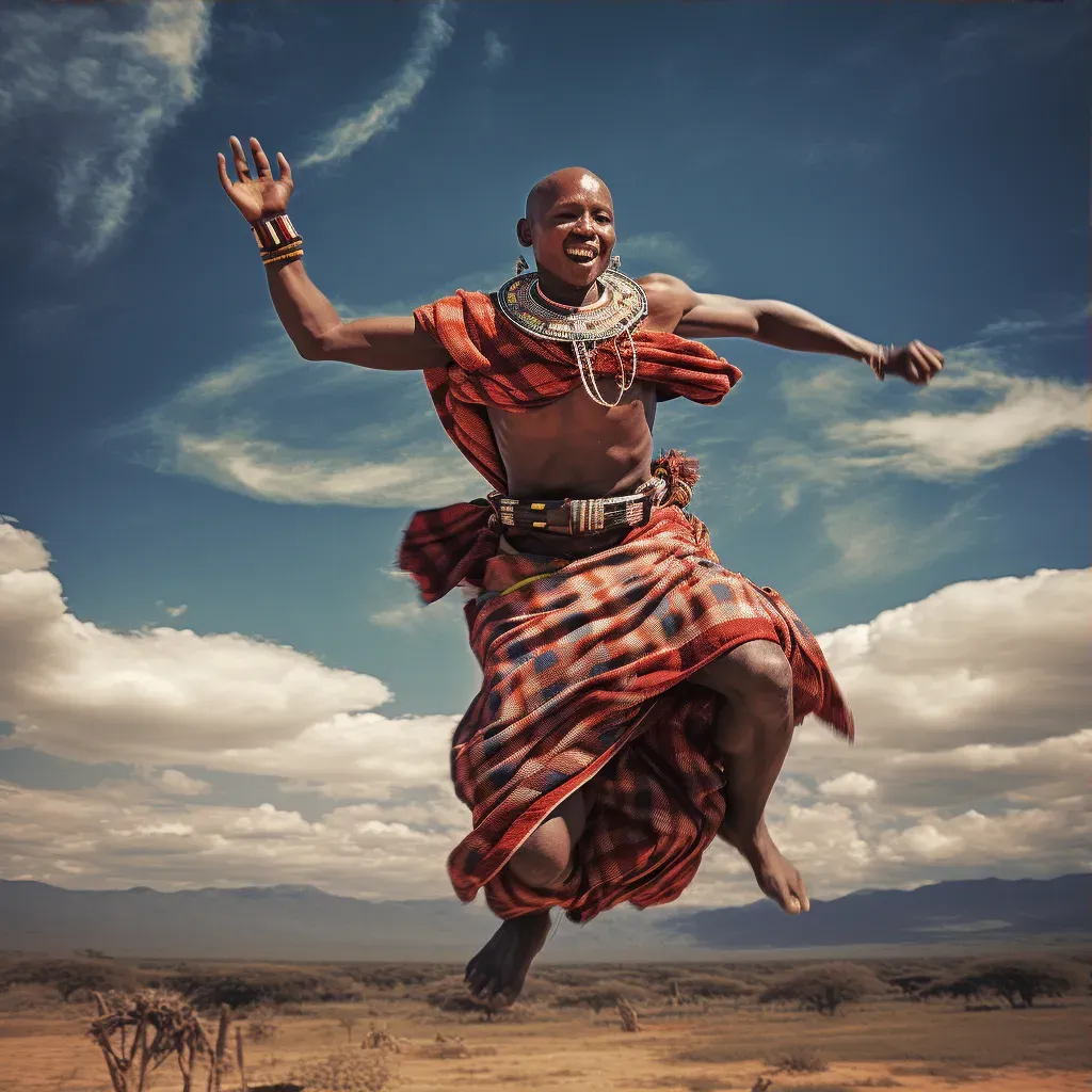 Maasai warrior jumping high during traditional dance in Kenyan plains - Image 3