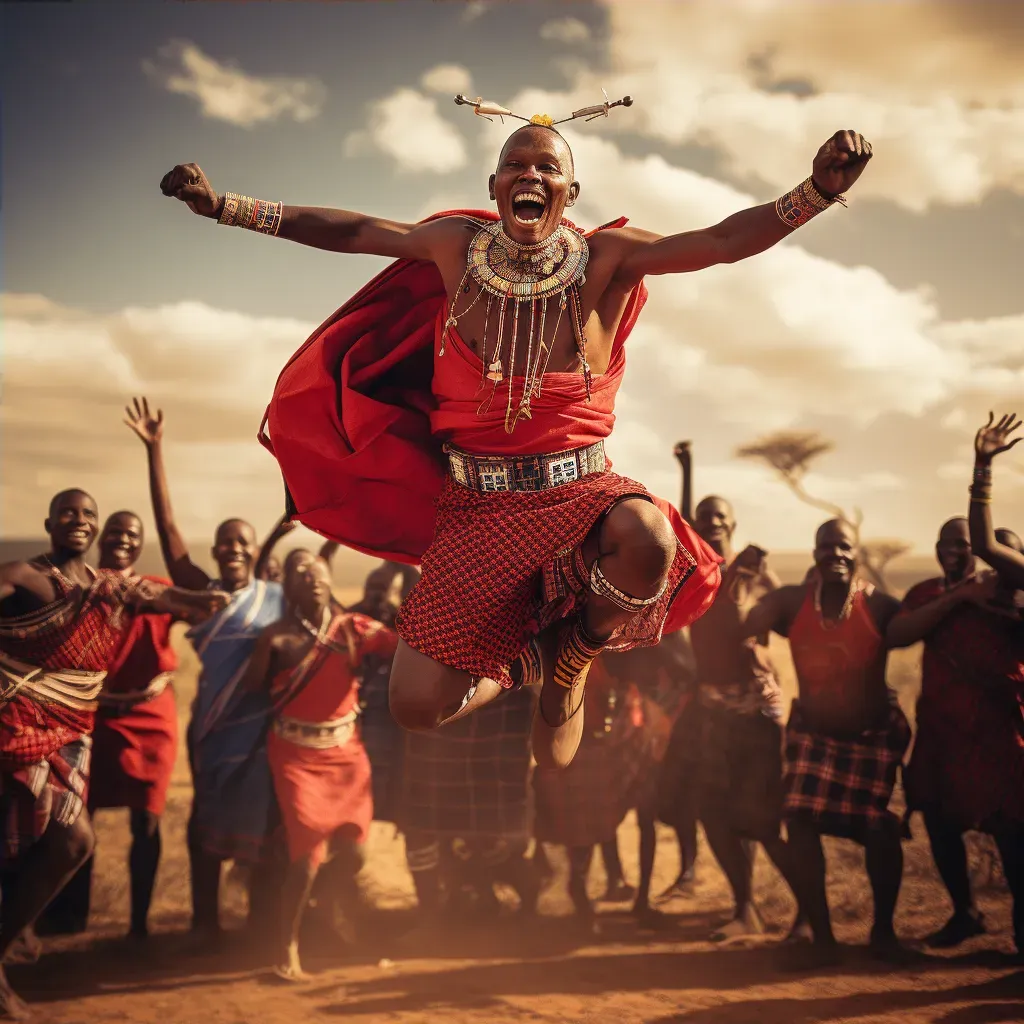 Maasai warrior jumping high during traditional dance in Kenyan plains - Image 4