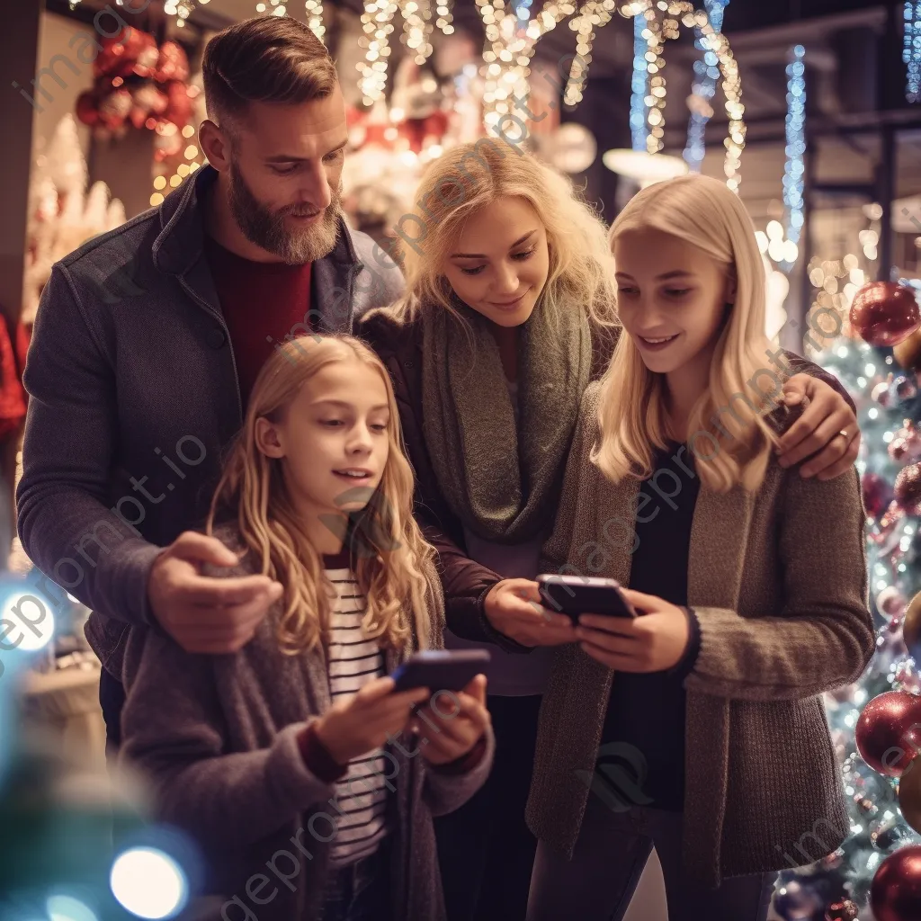 A family enjoying holiday shopping with decorations around. - Image 2