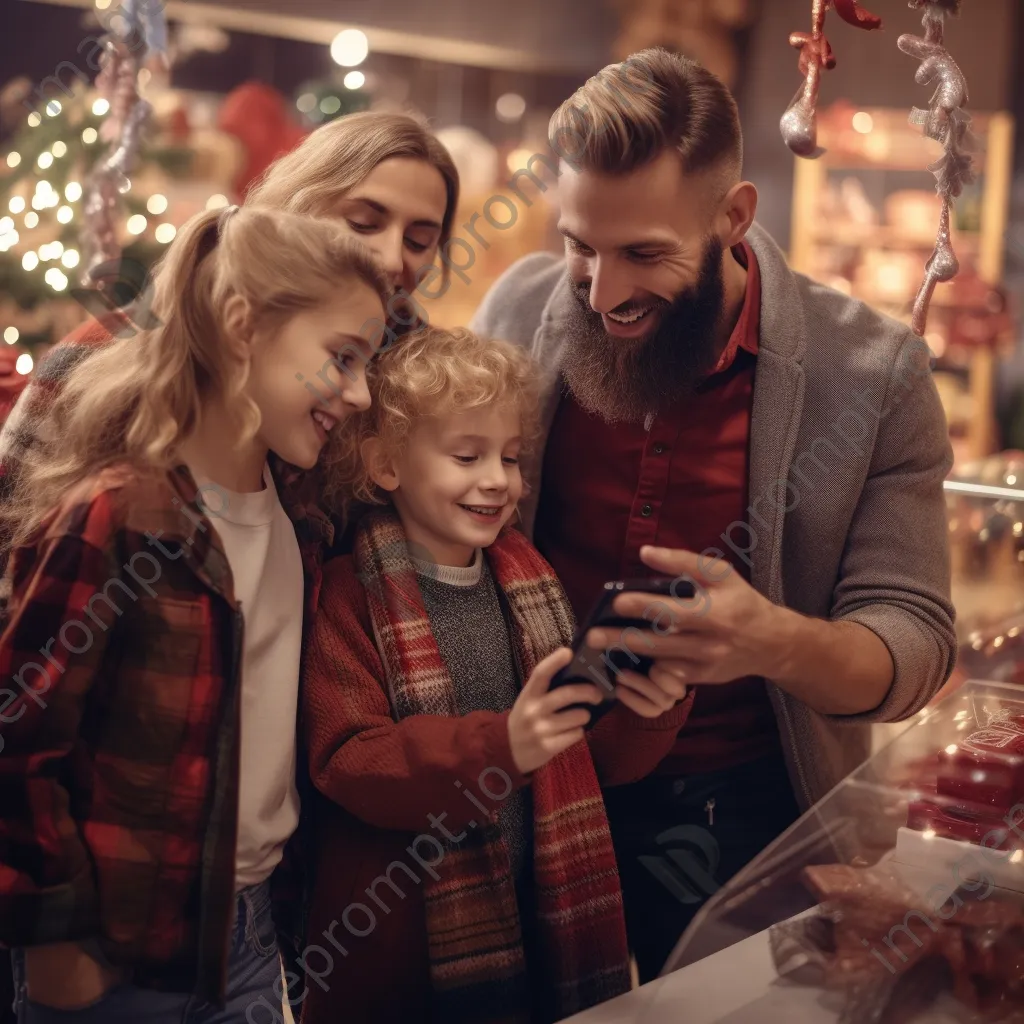 A family enjoying holiday shopping with decorations around. - Image 3