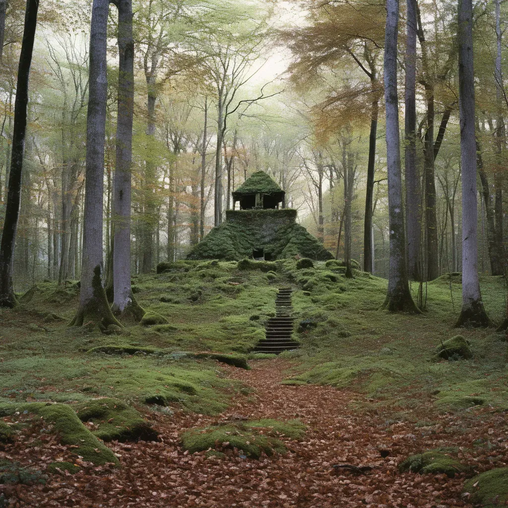 Secluded forest grove with shrine and moss carpeted setting surrounded by tall trees - Image 1