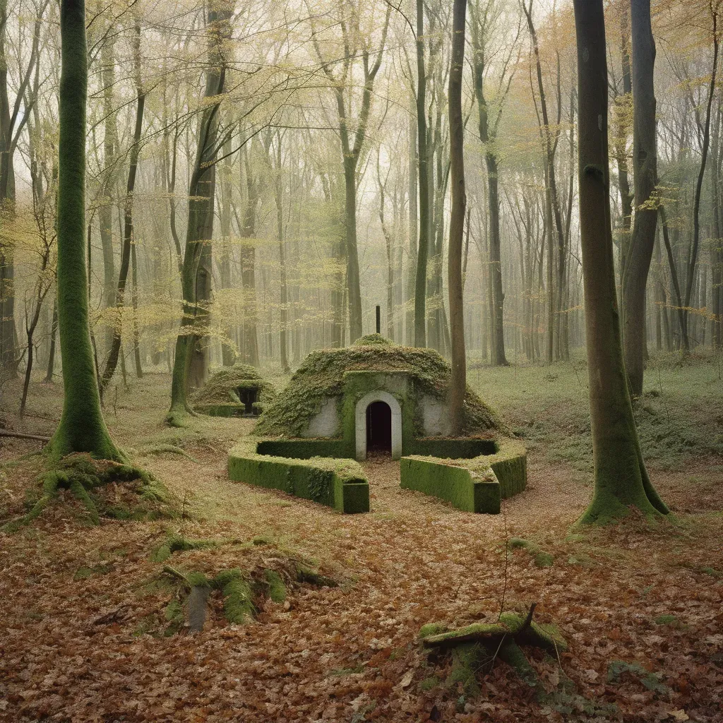 Secluded forest grove with shrine and moss carpeted setting surrounded by tall trees - Image 2