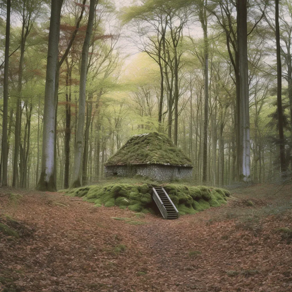 Secluded forest grove with shrine and moss carpeted setting surrounded by tall trees - Image 3