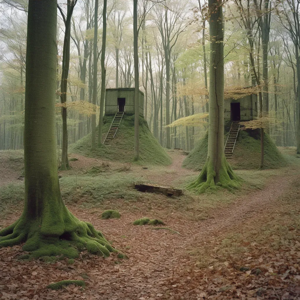 Secluded forest grove with shrine and moss carpeted setting surrounded by tall trees - Image 4