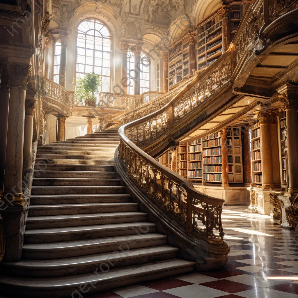 A marble staircase leading to a sunlit atrium in a historic library. - Image 1