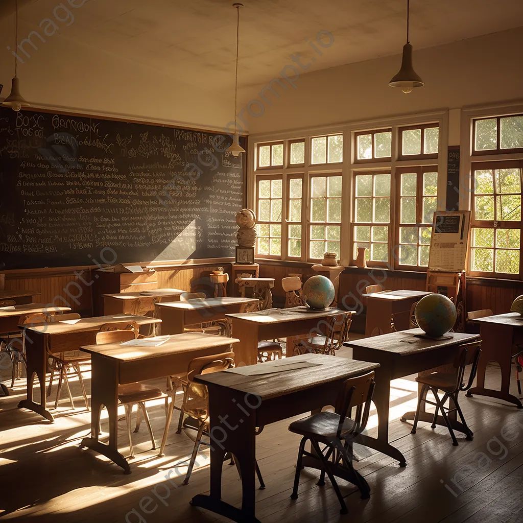 Traditional classroom with wooden desks and chalkboard illuminated by sunlight. - Image 1