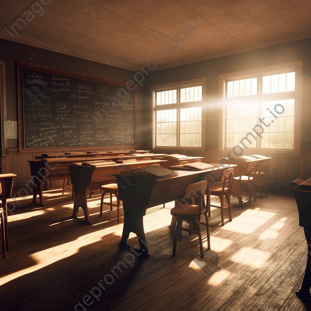 Traditional classroom with wooden desks and chalkboard illuminated by sunlight. - Image 4