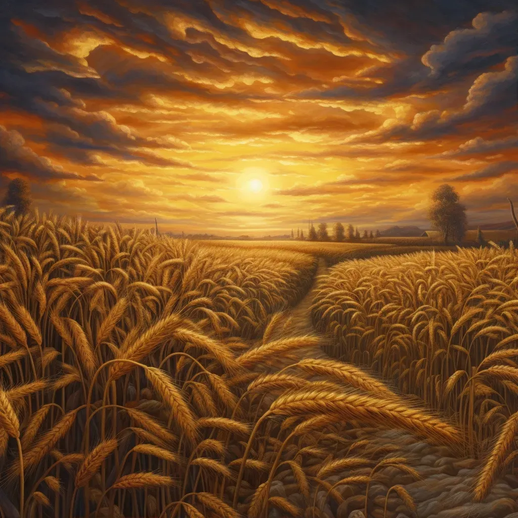 Image of a field of wheat at sunset with ripe golden stalks - Image 1