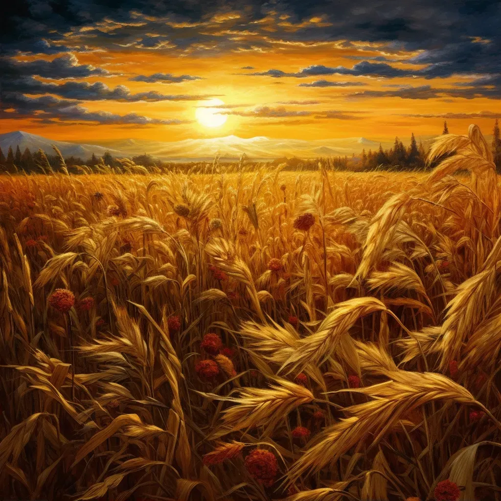 Image of a field of wheat at sunset with ripe golden stalks - Image 2