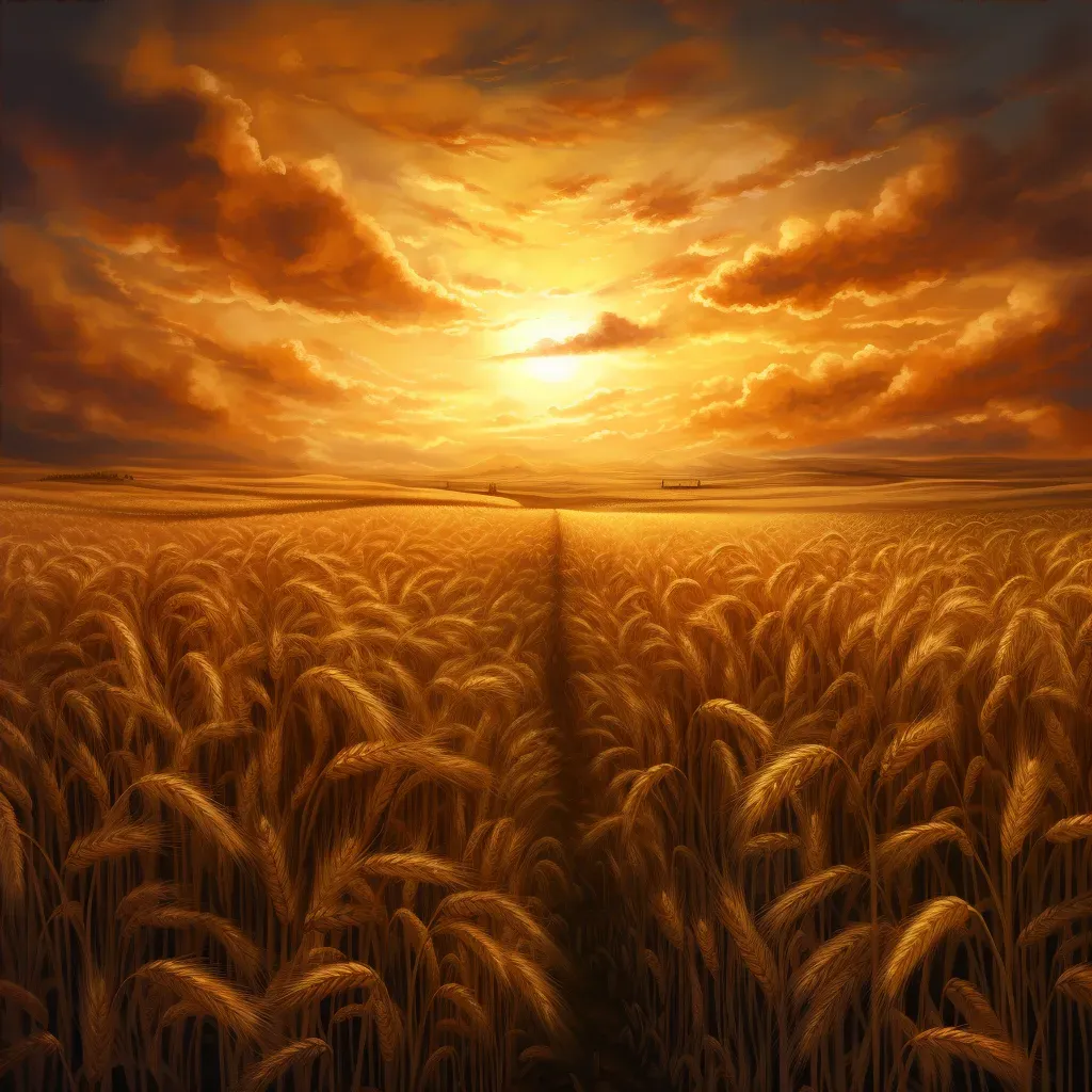 Image of a field of wheat at sunset with ripe golden stalks - Image 4