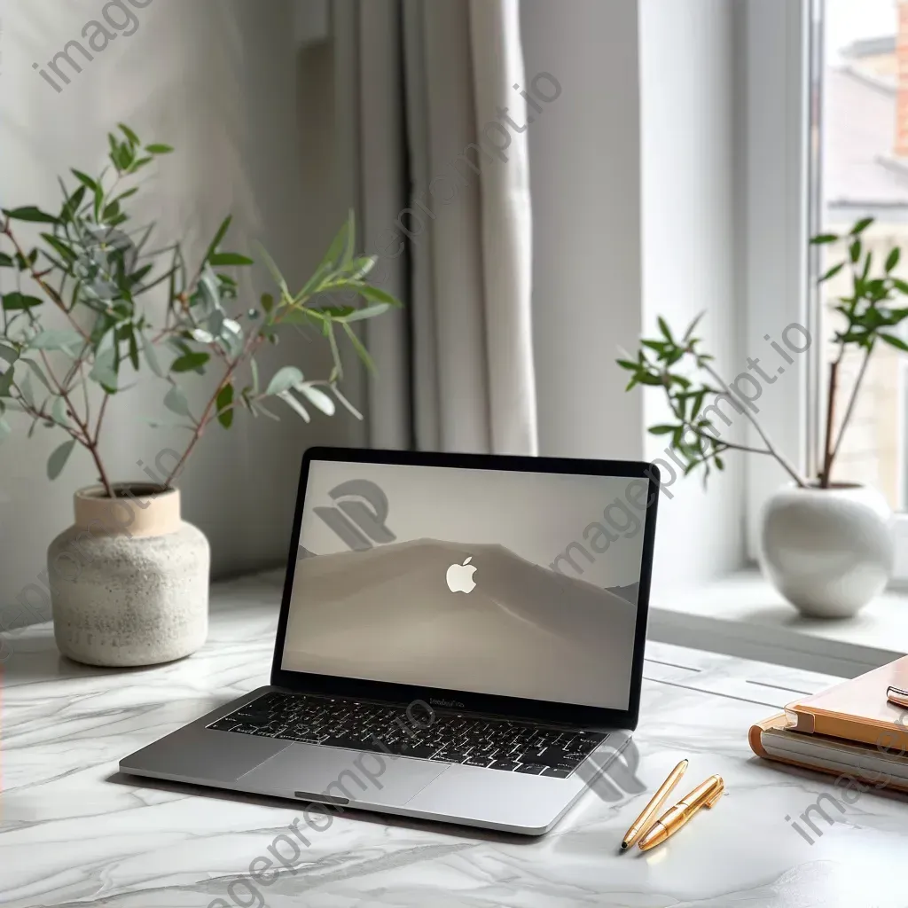 Top-down view of a workspace desk with a laptop, notebooks, pens, and a potted plant - Image 2