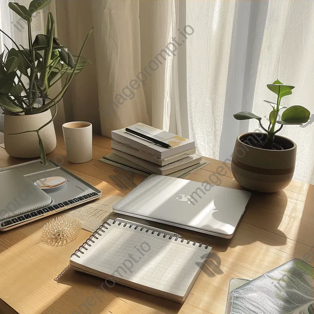 Top-down view of a workspace desk with a laptop, notebooks, pens, and a potted plant - Image 3