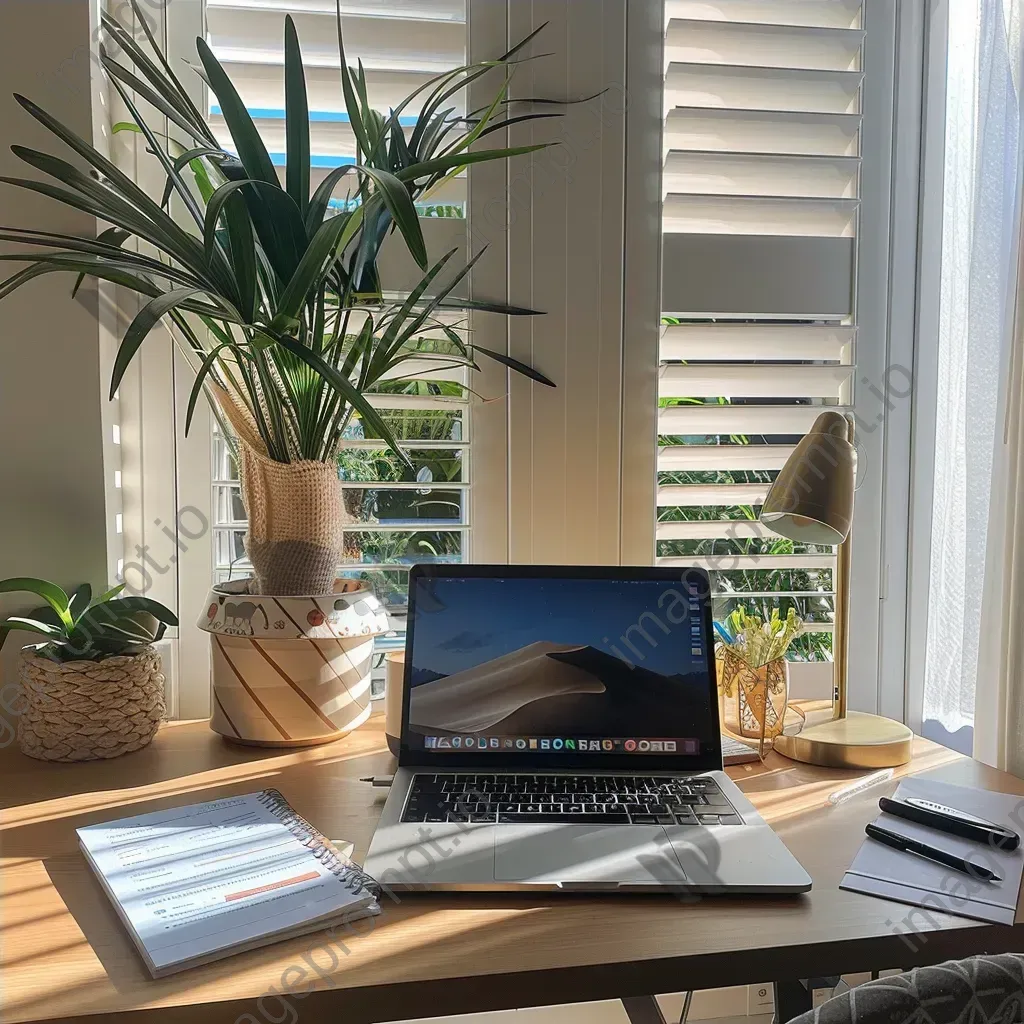 Top-down view of a workspace desk with a laptop, notebooks, pens, and a potted plant - Image 4