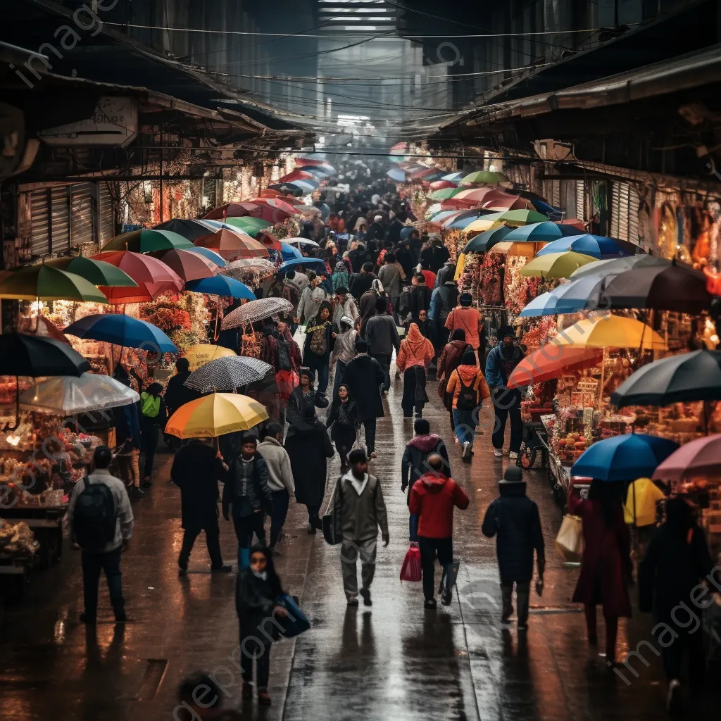 Market shoppers with umbrellas in the rain - Image 1