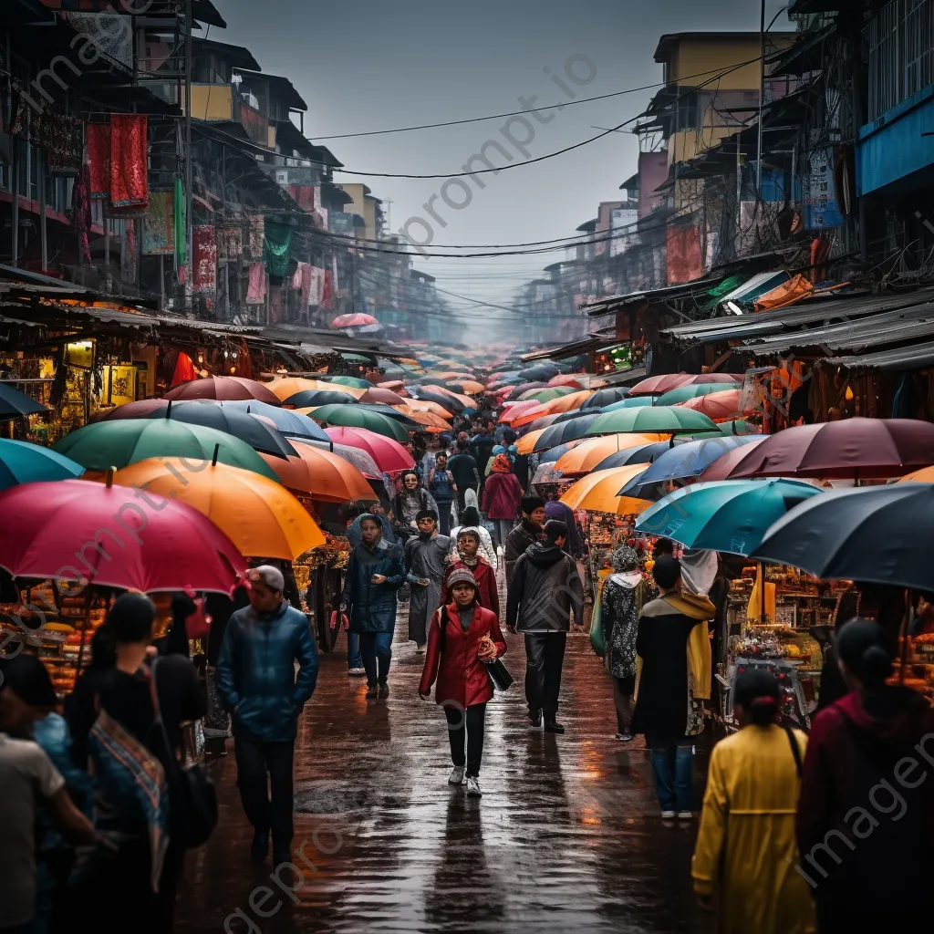 Market shoppers with umbrellas in the rain - Image 2