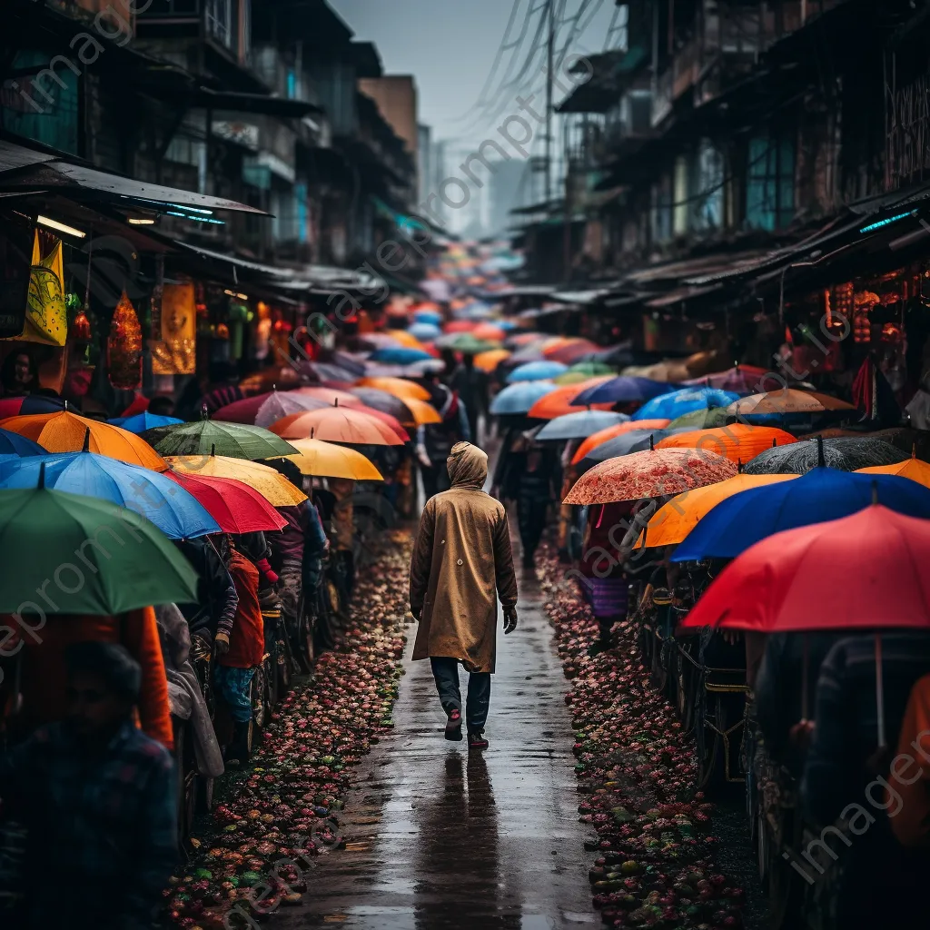 Market shoppers with umbrellas in the rain - Image 3