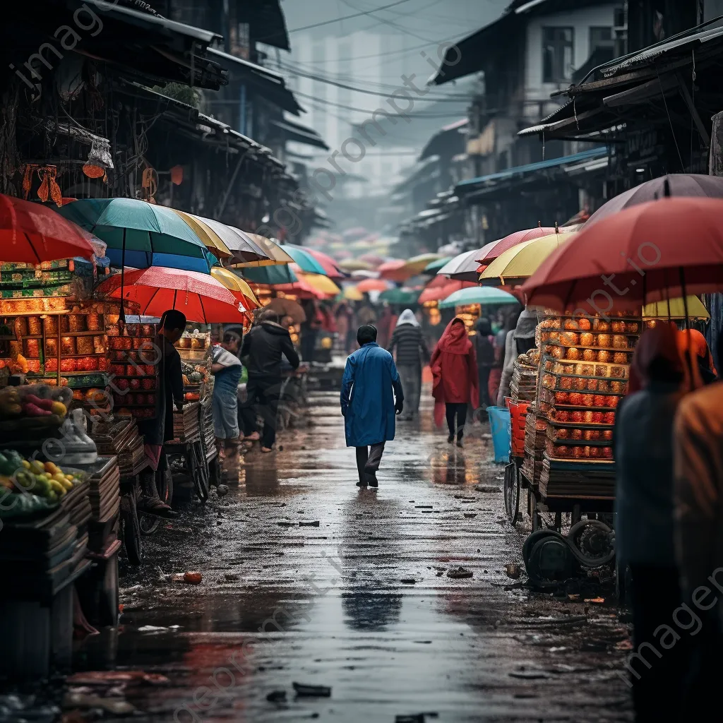 Market shoppers with umbrellas in the rain - Image 4