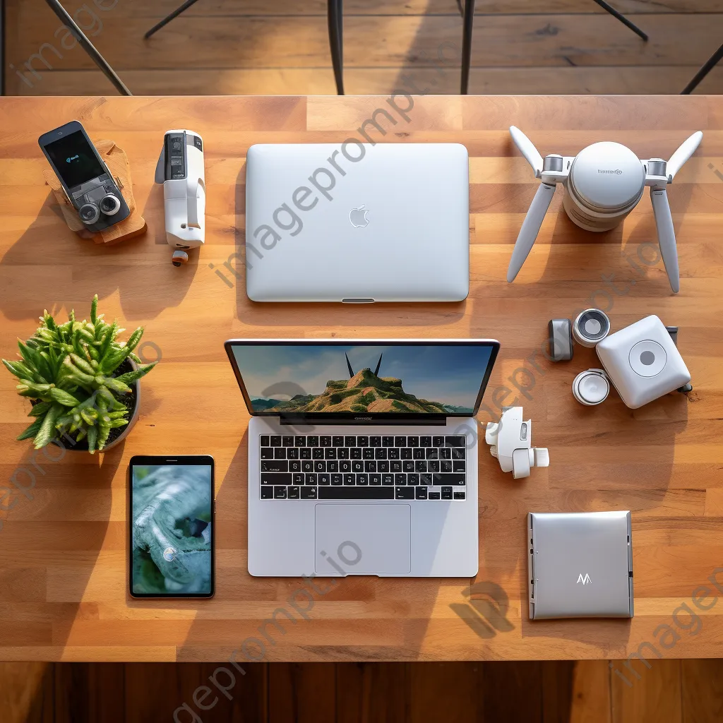 Aerial view of a home office desk with laptop and plants - Image 1