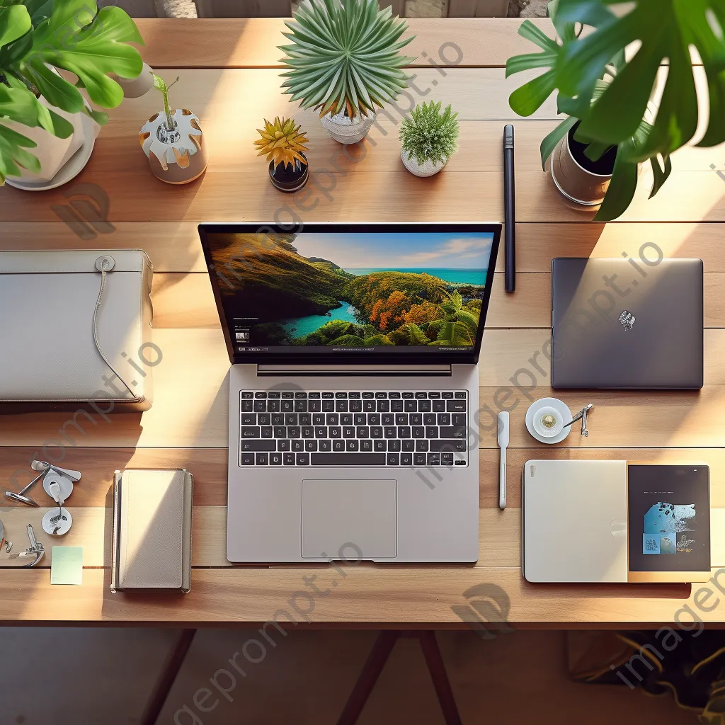 Aerial view of a home office desk with laptop and plants - Image 2