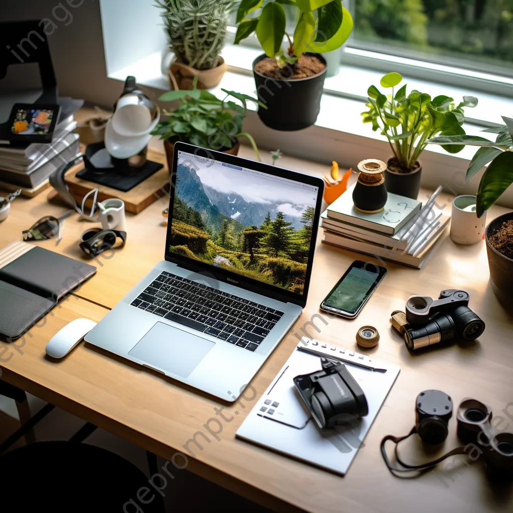 Aerial view of a home office desk with laptop and plants - Image 3