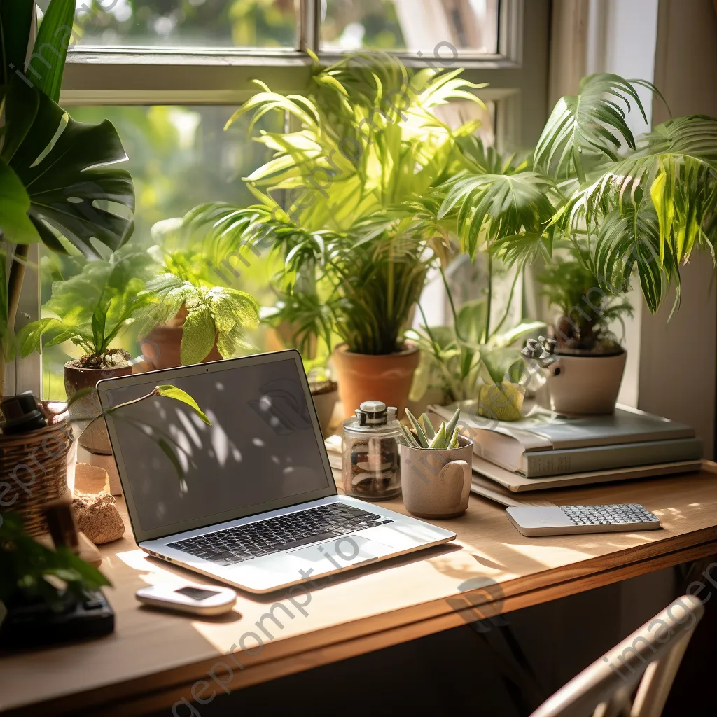 Aerial view of a home office desk with laptop and plants - Image 4